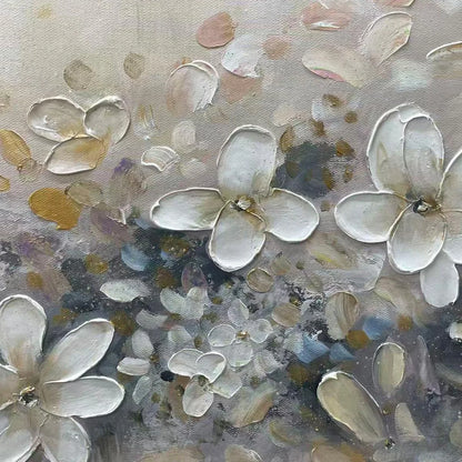 WHISPERING BLOSSOMS: Textured Beige and White Floral Impasto Painting | rolled canvas, ready for custom framing
