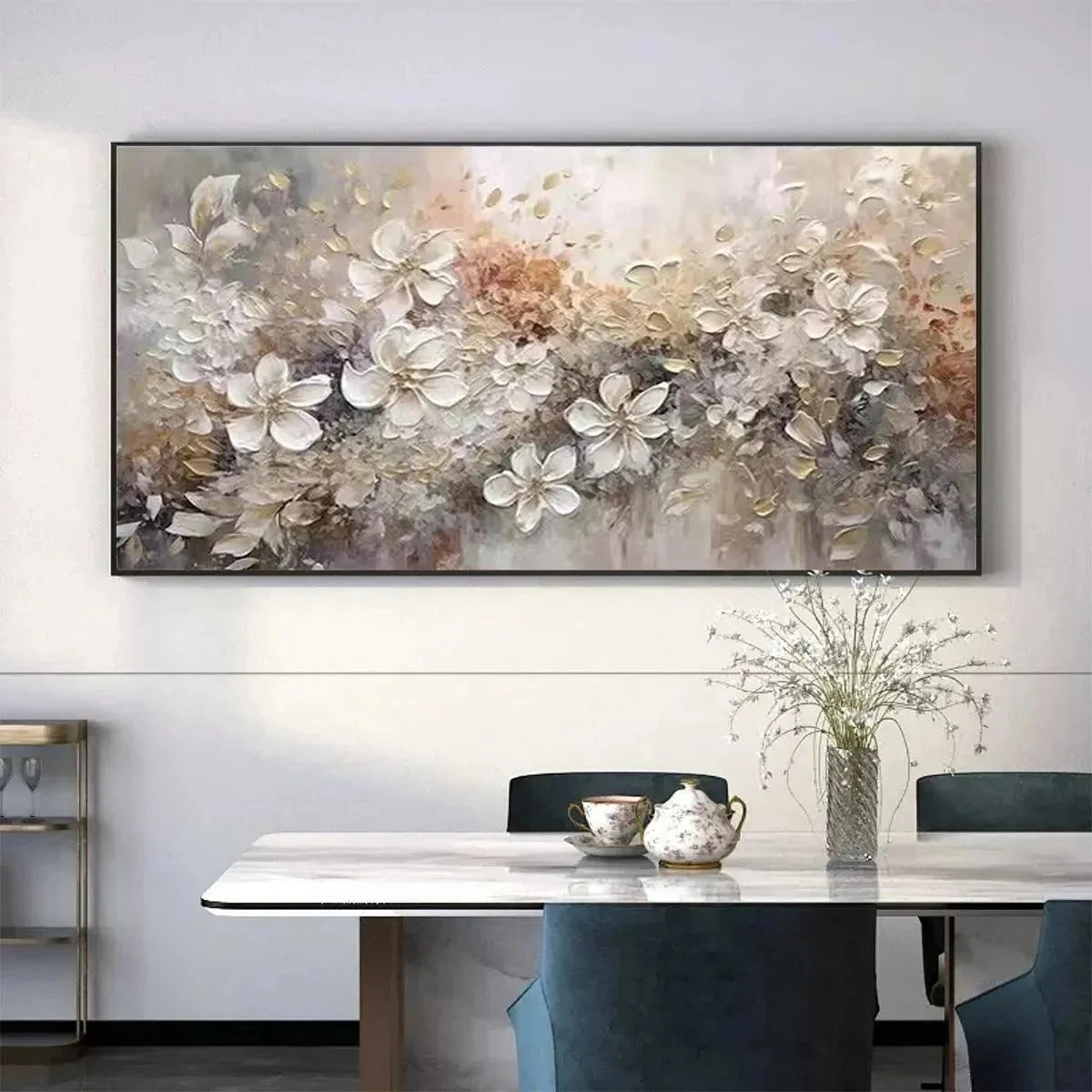 WHISPERING BLOSSOMS: Textured Beige and White Floral Impasto Painting | black frame version on white wall