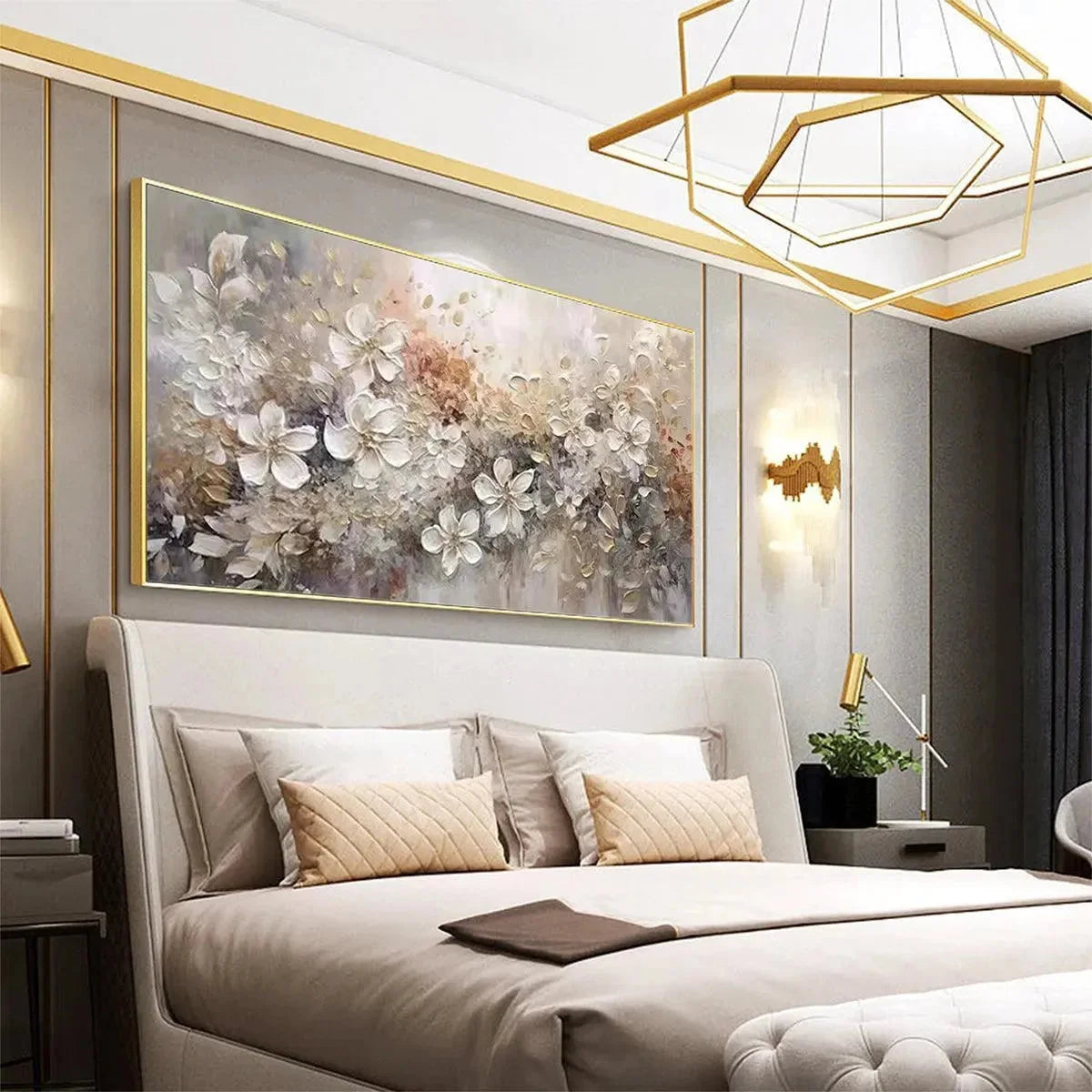 WHISPERING BLOSSOMS: Textured Beige and White Floral Impasto Painting | Abstract mood, soft natural light studio shot