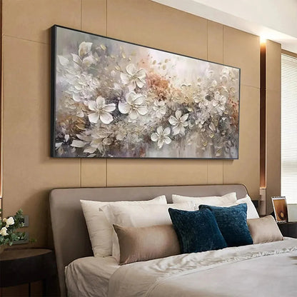 WHISPERING BLOSSOMS: Textured Beige and White Floral Impasto Painting | beige palette, original oil on stretched canvas art