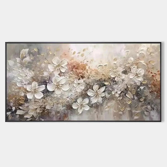 WHISPERING BLOSSOMS: Textured Beige and White Floral Impasto Painting | hanging in living room, Abstract wall art