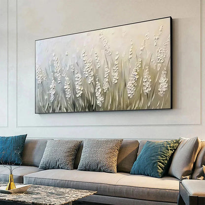 WHISPERING FIELDS: Textured White Floral Painting, 3D Flower Wall Art, Panoramic Canvas, Serene Decor | Abstract closeup, raised brushwork detail