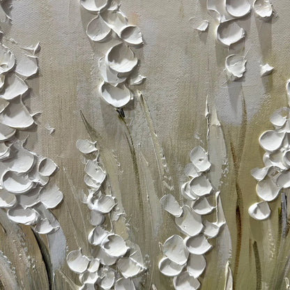 WHISPERING FIELDS: Textured White Floral Painting, 3D Flower Wall Art, Panoramic Canvas, Serene Decor | rectangular format, hand-painted canvas edge