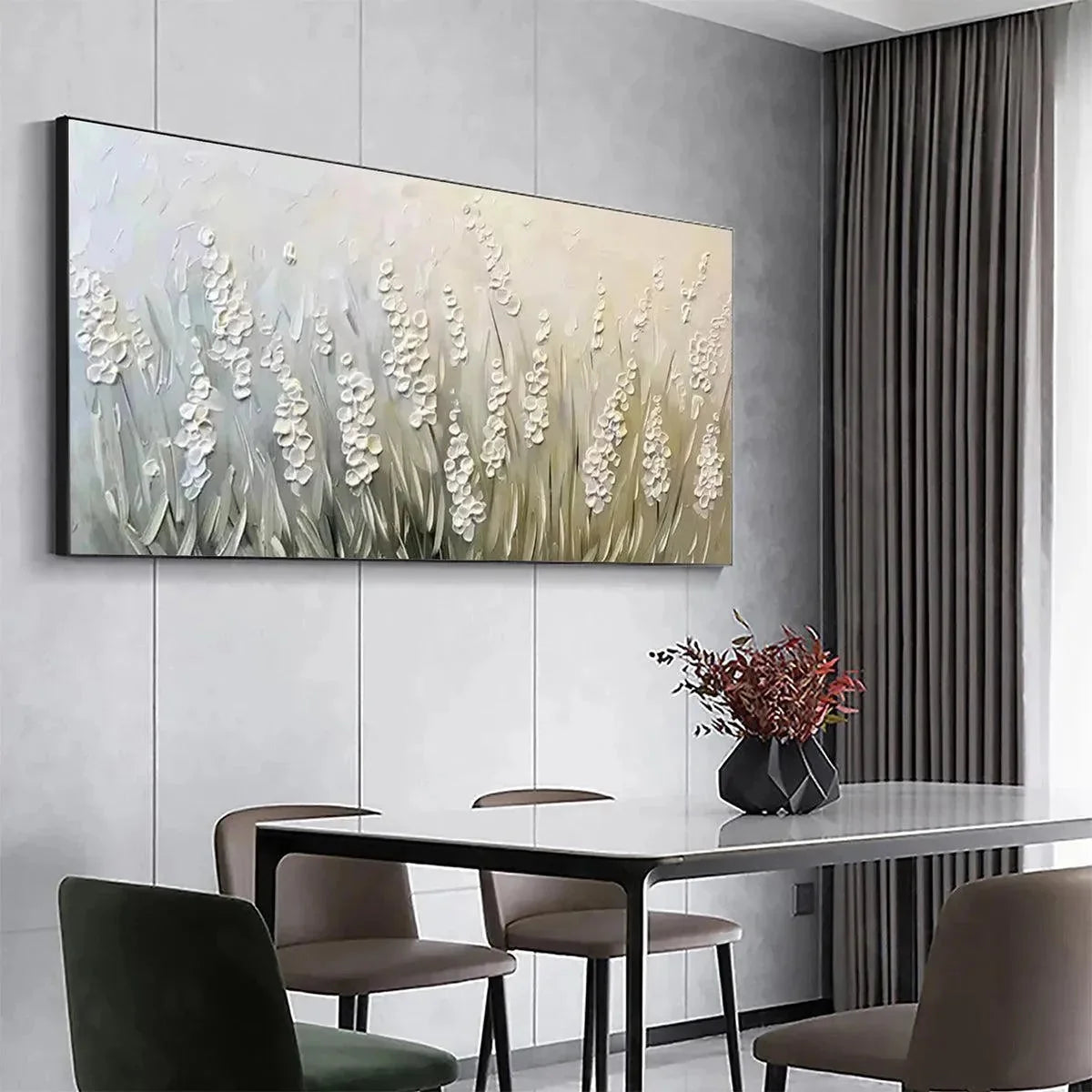 WHISPERING FIELDS: Textured White Floral Painting, 3D Flower Wall Art, Panoramic Canvas, Serene Decor | gold frame stretched on neutral wall