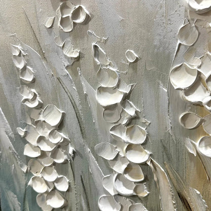 WHISPERING FIELDS: Textured White Floral Painting, 3D Flower Wall Art, Panoramic Canvas, Serene Decor | rolled canvas, ready for custom framing
