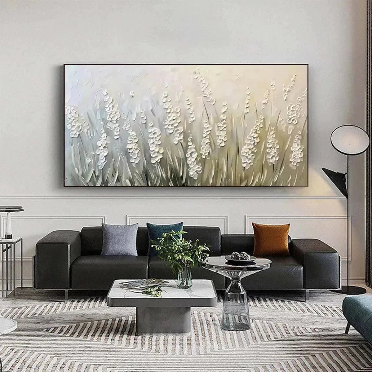 WHISPERING FIELDS: Textured White Floral Painting, 3D Flower Wall Art, Panoramic Canvas, Serene Decor | black frame version on white wall