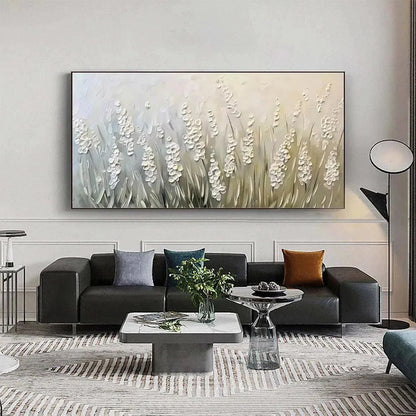 WHISPERING FIELDS: Textured White Floral Painting, 3D Flower Wall Art, Panoramic Canvas, Serene Decor | black frame version on white wall