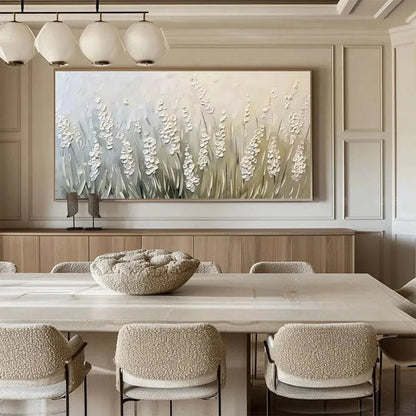 WHISPERING FIELDS: Textured White Floral Painting, 3D Flower Wall Art, Panoramic Canvas, Serene Decor | Abstract mood, soft natural light studio shot