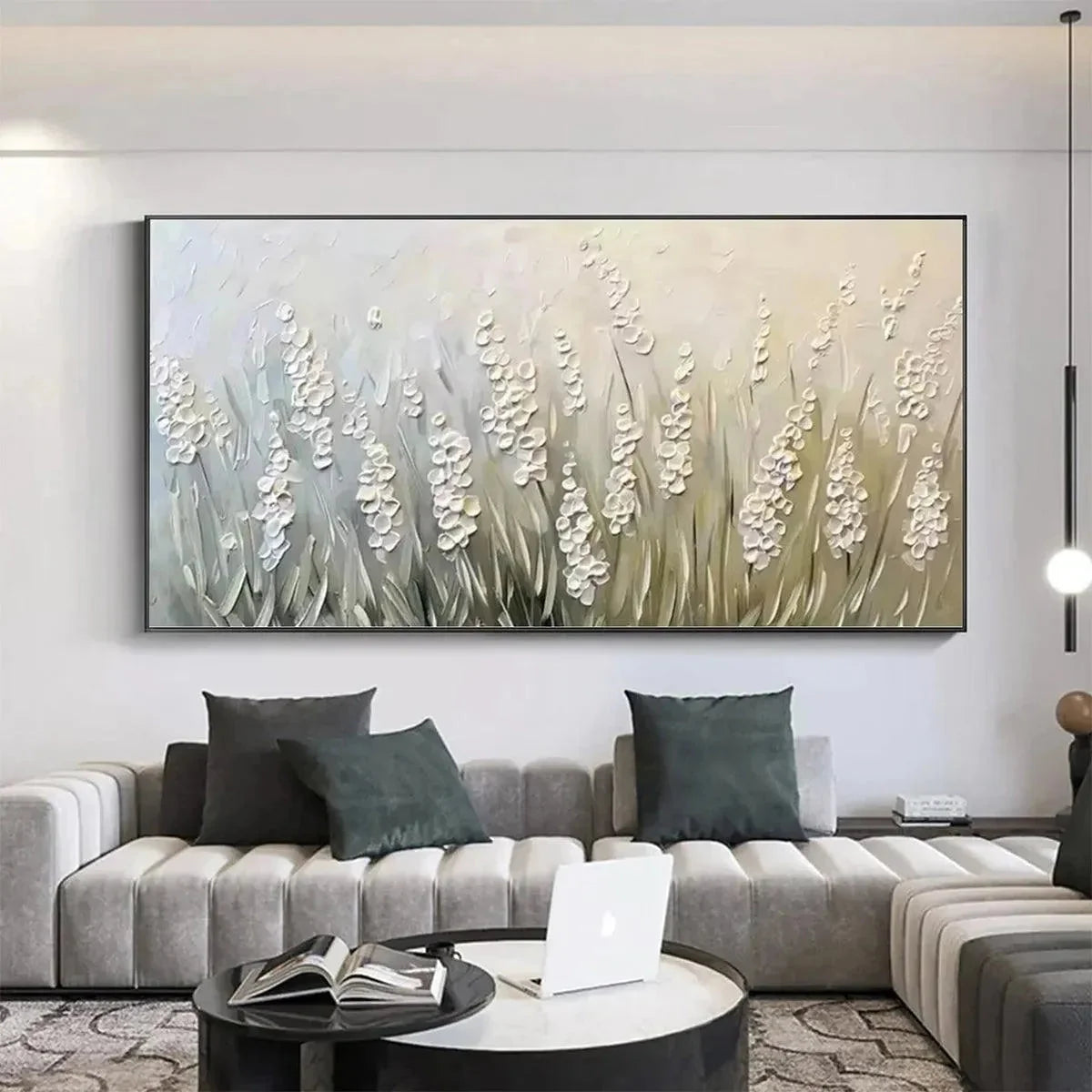 WHISPERING FIELDS: Textured White Floral Painting, 3D Flower Wall Art, Panoramic Canvas, Serene Decor | multi-color palette, original oil on stretched canvas art