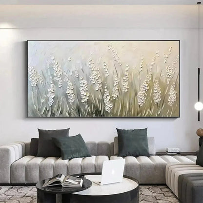 WHISPERING FIELDS: Textured White Floral Painting, 3D Flower Wall Art, Panoramic Canvas, Serene Decor | multi-color palette, original oil on stretched canvas art