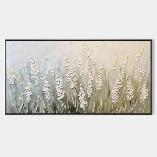 WHISPERING FIELDS: Textured White Floral Painting, 3D Flower Wall Art, Panoramic Canvas, Serene Decor | hanging in living room, Abstract wall art