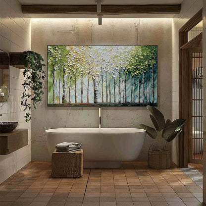 WHISPERING GROVE: Textured Impasto Birch Tree Forest Landscape Painting | gold frame stretched on neutral wall