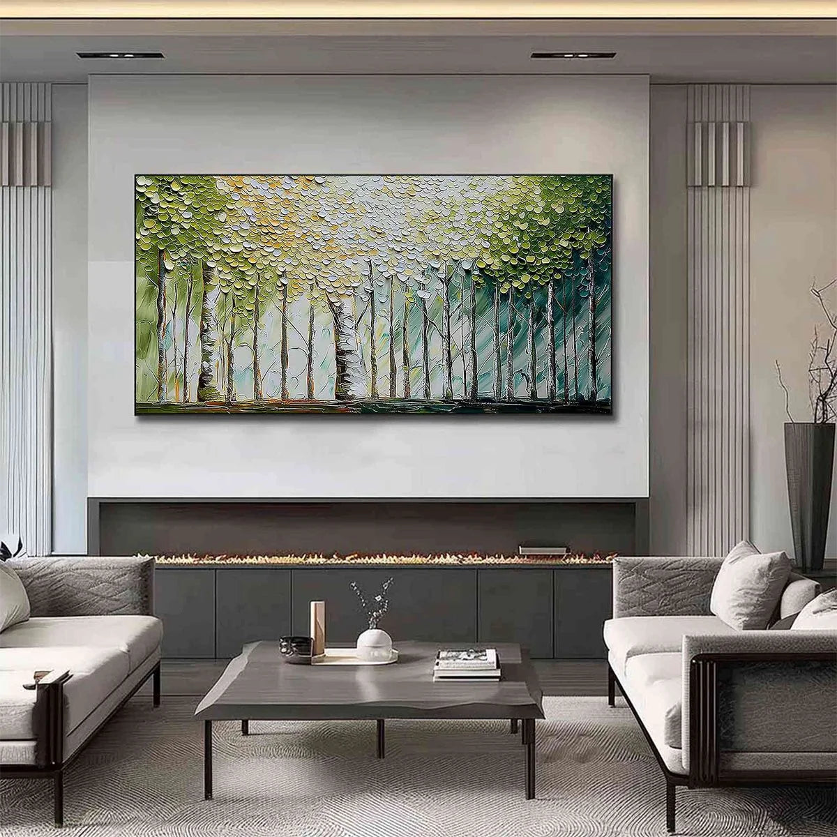 WHISPERING GROVE: Textured Impasto Birch Tree Forest Landscape Painting | black frame version on white wall