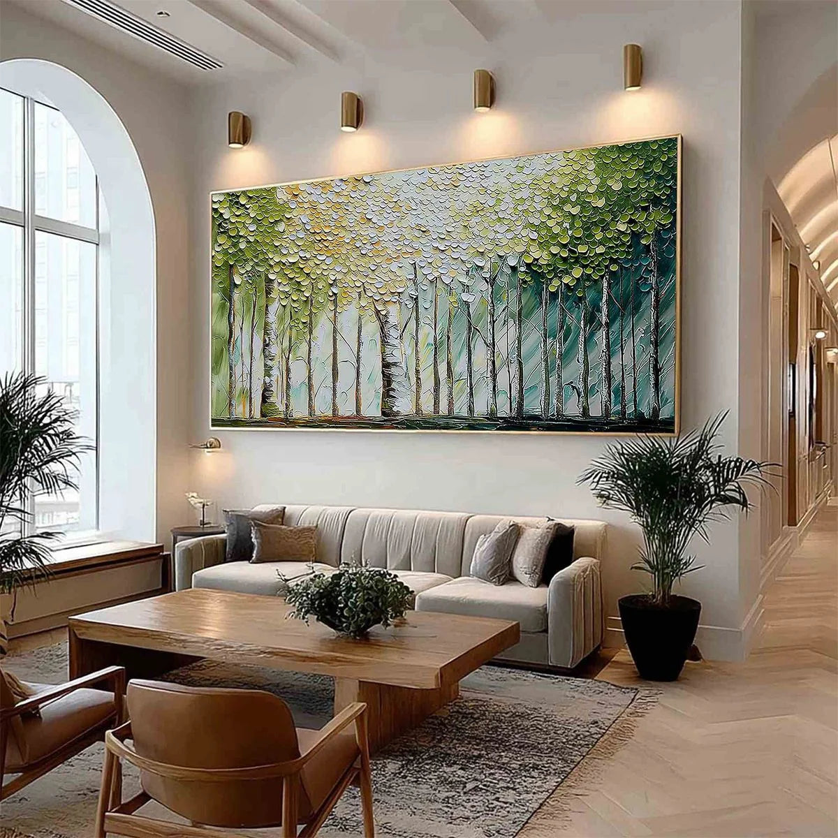 WHISPERING GROVE: Textured Impasto Birch Tree Forest Landscape Painting | Landscape mood, soft natural light studio shot