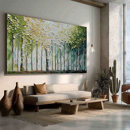 WHISPERING GROVE: Textured Impasto Birch Tree Forest Landscape Painting | green palette, original oil on stretched canvas art