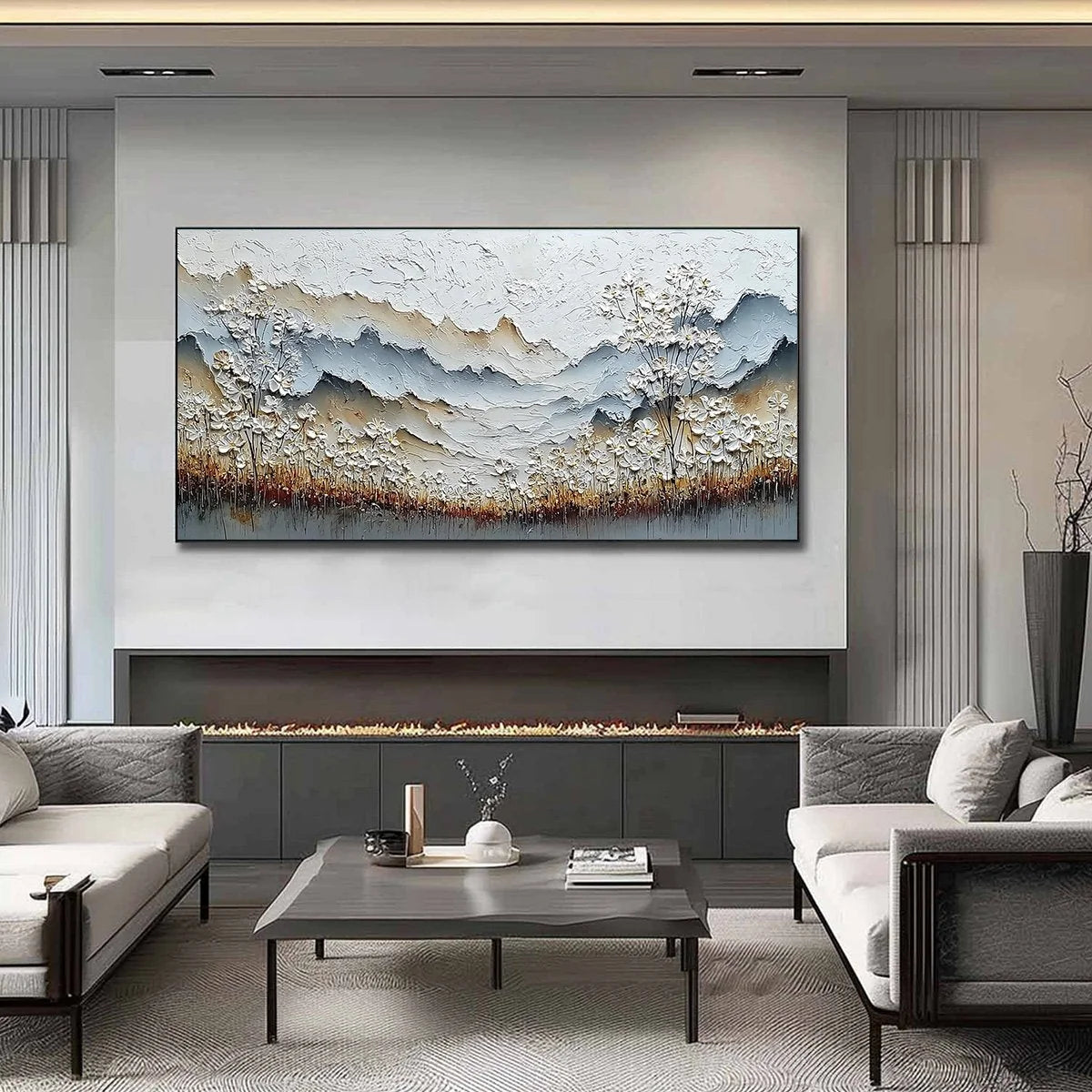 WHISPERING MEADOW: Heavily Textured Wabi Sabi Mountain & Flower Landscape Painting | Landscape closeup, raised brushwork detail