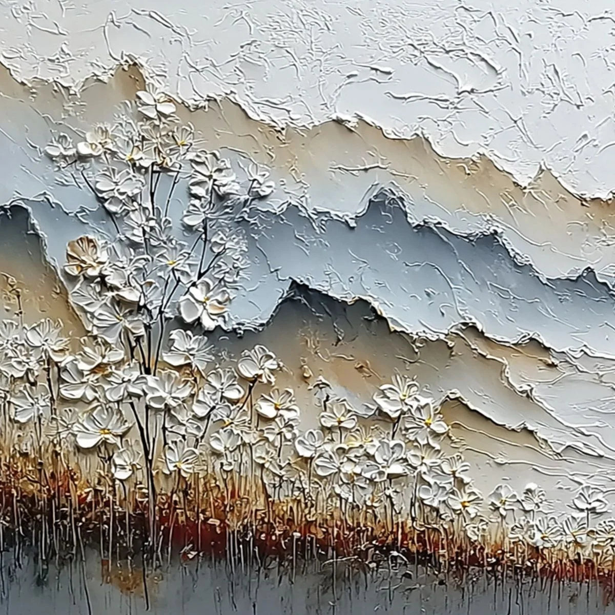 WHISPERING MEADOW: Heavily Textured Wabi Sabi Mountain & Flower Landscape Painting | rectangular format, hand-painted canvas edge