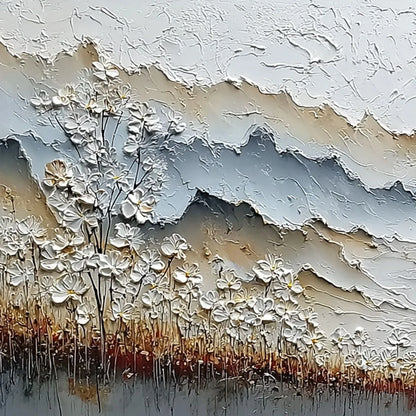 WHISPERING MEADOW: Heavily Textured Wabi Sabi Mountain & Flower Landscape Painting | rectangular format, hand-painted canvas edge