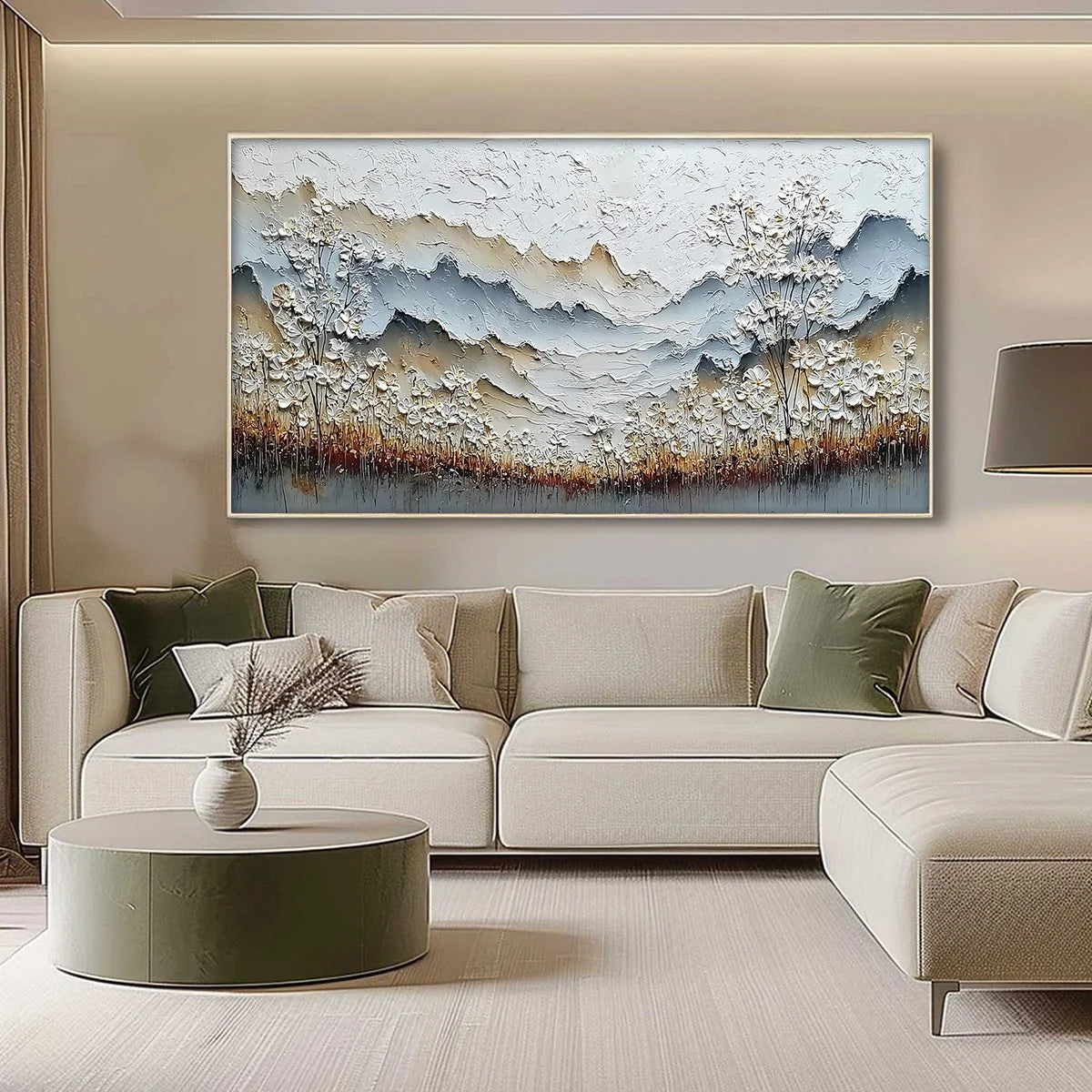 WHISPERING MEADOW: Heavily Textured Wabi Sabi Mountain & Flower Landscape Painting | gold frame stretched on neutral wall