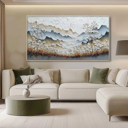 WHISPERING MEADOW: Heavily Textured Wabi Sabi Mountain & Flower Landscape Painting | gold frame stretched on neutral wall