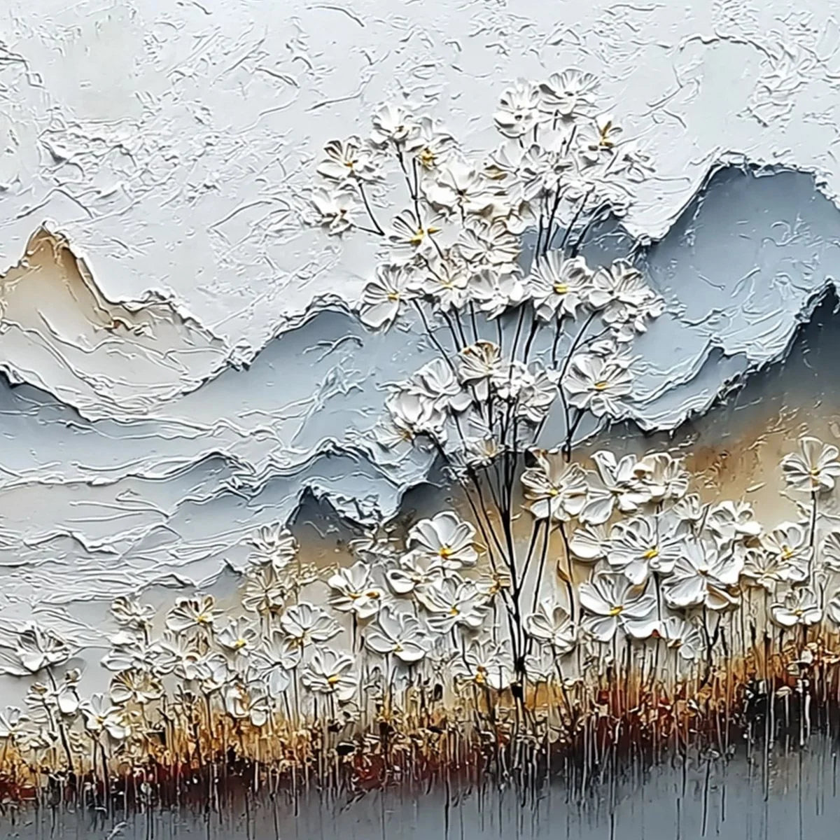 WHISPERING MEADOW: Heavily Textured Wabi Sabi Mountain & Flower Landscape Painting | rolled canvas, ready for custom framing