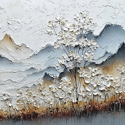 WHISPERING MEADOW: Heavily Textured Wabi Sabi Mountain & Flower Landscape Painting | rolled canvas, ready for custom framing