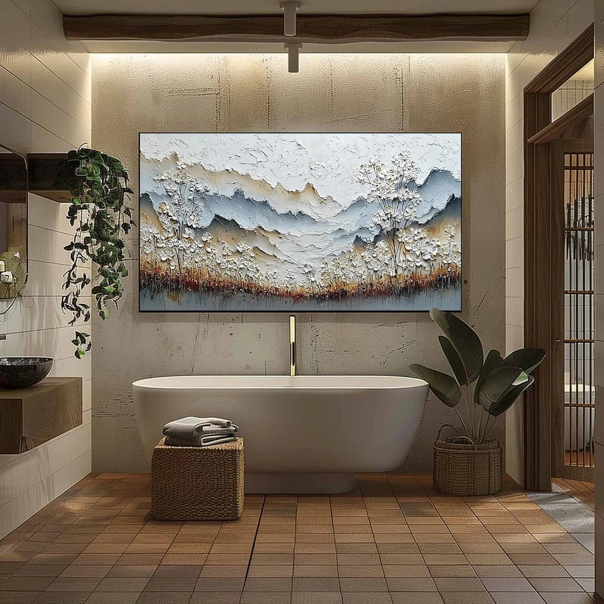 WHISPERING MEADOW: Heavily Textured Wabi Sabi Mountain & Flower Landscape Painting | black frame version on white wall