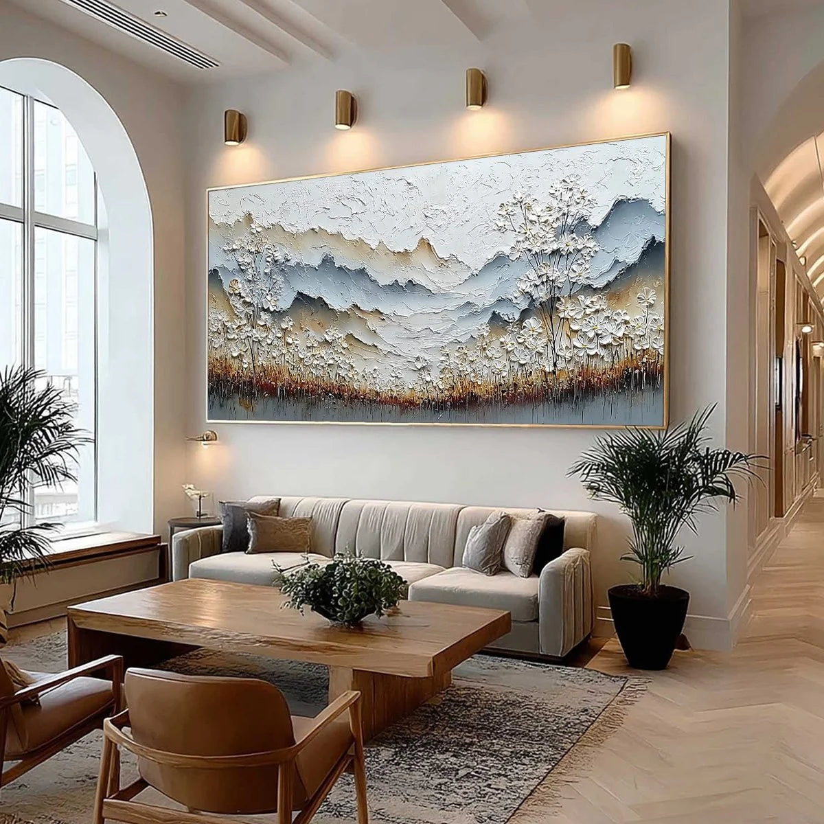 WHISPERING MEADOW: Heavily Textured Wabi Sabi Mountain & Flower Landscape Painting | Landscape mood, soft natural light studio shot