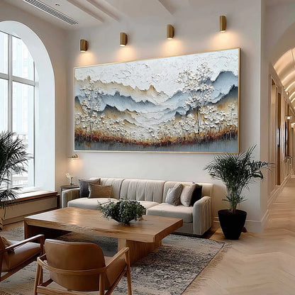 WHISPERING MEADOW: Heavily Textured Wabi Sabi Mountain & Flower Landscape Painting | Landscape mood, soft natural light studio shot