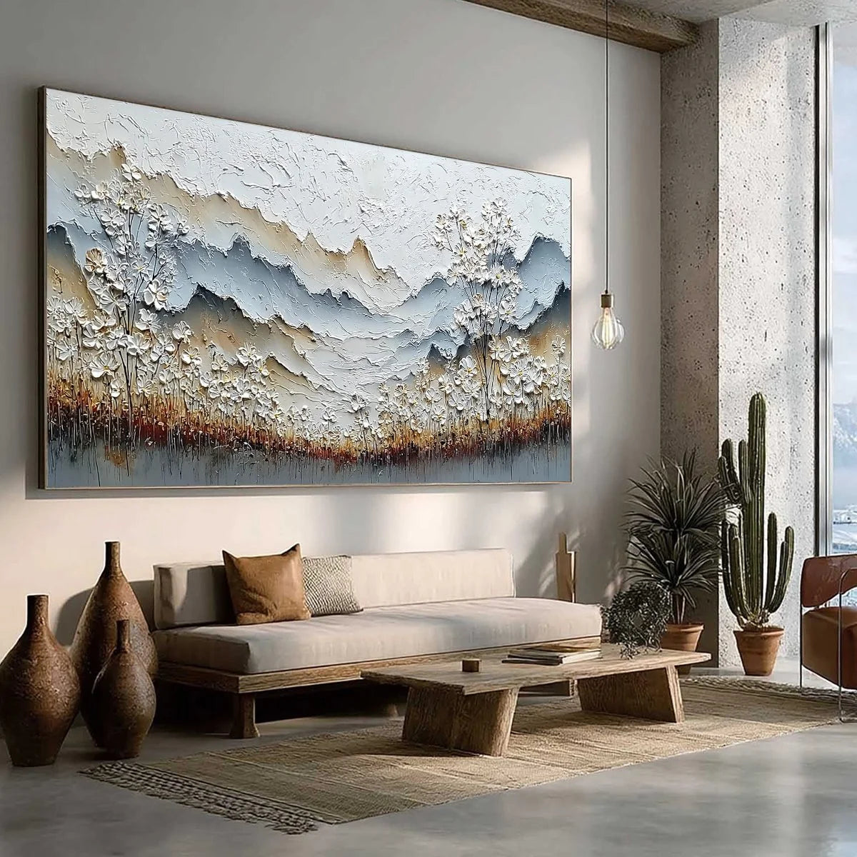 WHISPERING MEADOW: Heavily Textured Wabi Sabi Mountain & Flower Landscape Painting | multi-color palette, original oil on stretched canvas art
