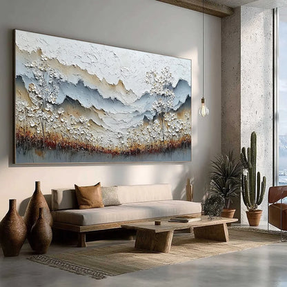 WHISPERING MEADOW: Heavily Textured Wabi Sabi Mountain & Flower Landscape Painting | multi-color palette, original oil on stretched canvas art