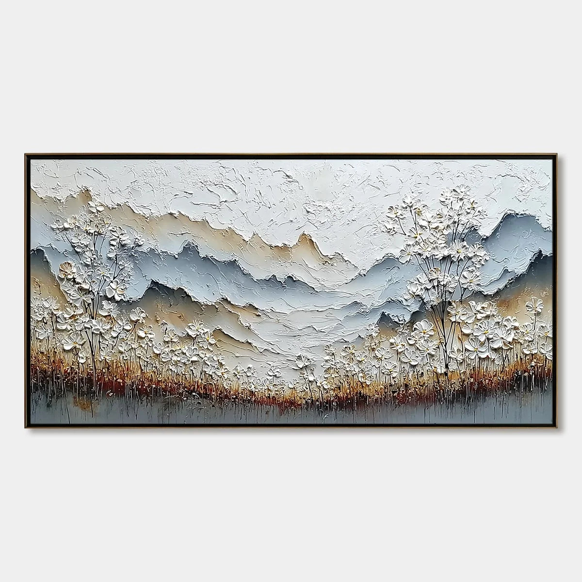 WHISPERING MEADOW: Heavily Textured Wabi Sabi Mountain & Flower Landscape Painting | hanging in living room, Landscape wall art
