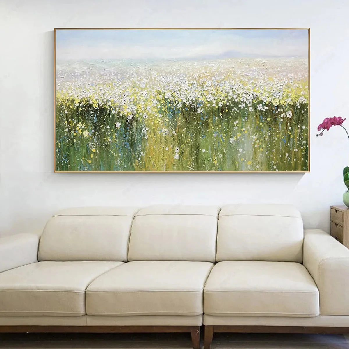 WHISPERING MEADOW: Impressionistic Wildflower Field Oil Painting | gold frame stretched on neutral wall