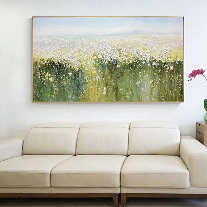 WHISPERING MEADOW: Impressionistic Wildflower Field Oil Painting | gold frame stretched on neutral wall