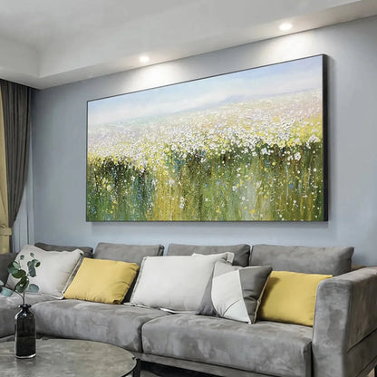 WHISPERING MEADOW: Impressionistic Wildflower Field Oil Painting | black frame version on white wall