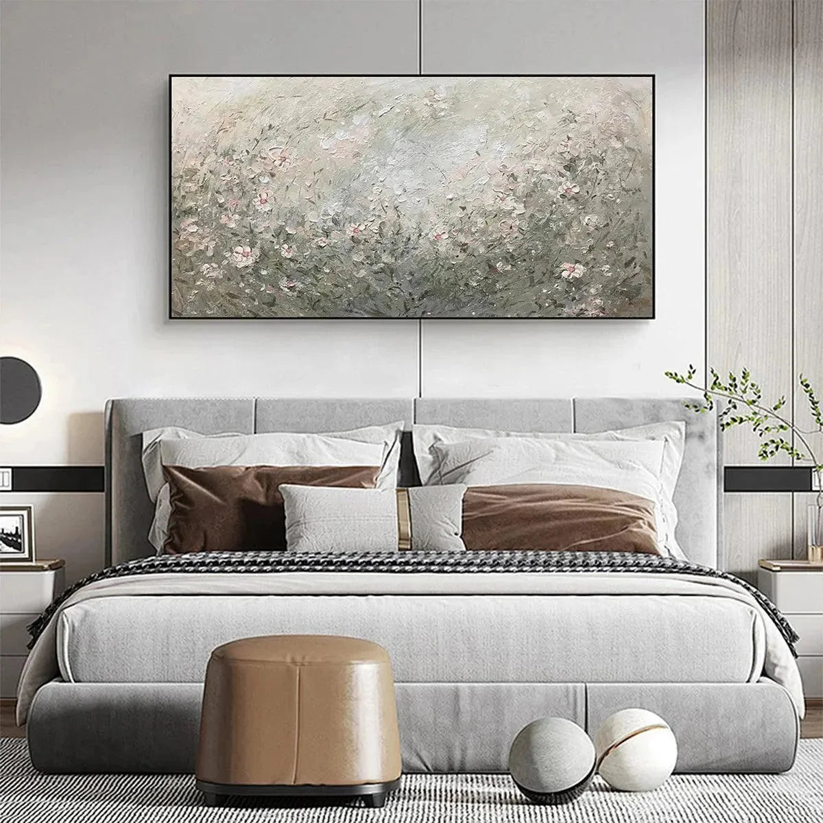 WHISPERING MEADOW: Impressionistic Wildflower Landscape Painting | gold frame stretched on neutral wall