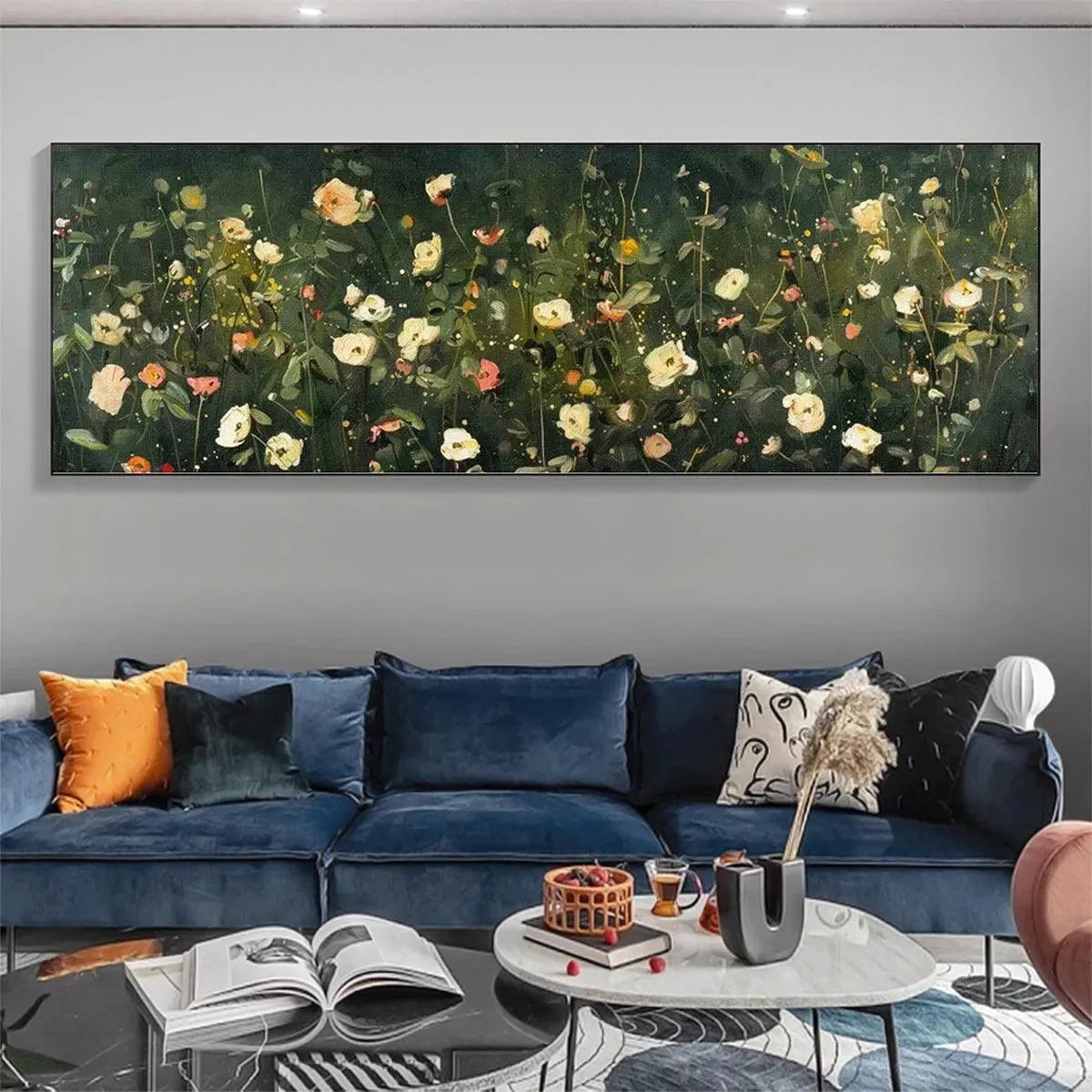 WHISPERING MEADOW PANORAMIC: Wildflower Painting, Panoramic Wall Art, Dark Floral Decor | Abstract closeup, raised brushwork detail