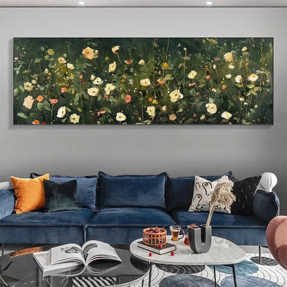 WHISPERING MEADOW PANORAMIC: Wildflower Painting, Panoramic Wall Art, Dark Floral Decor | Abstract closeup, raised brushwork detail