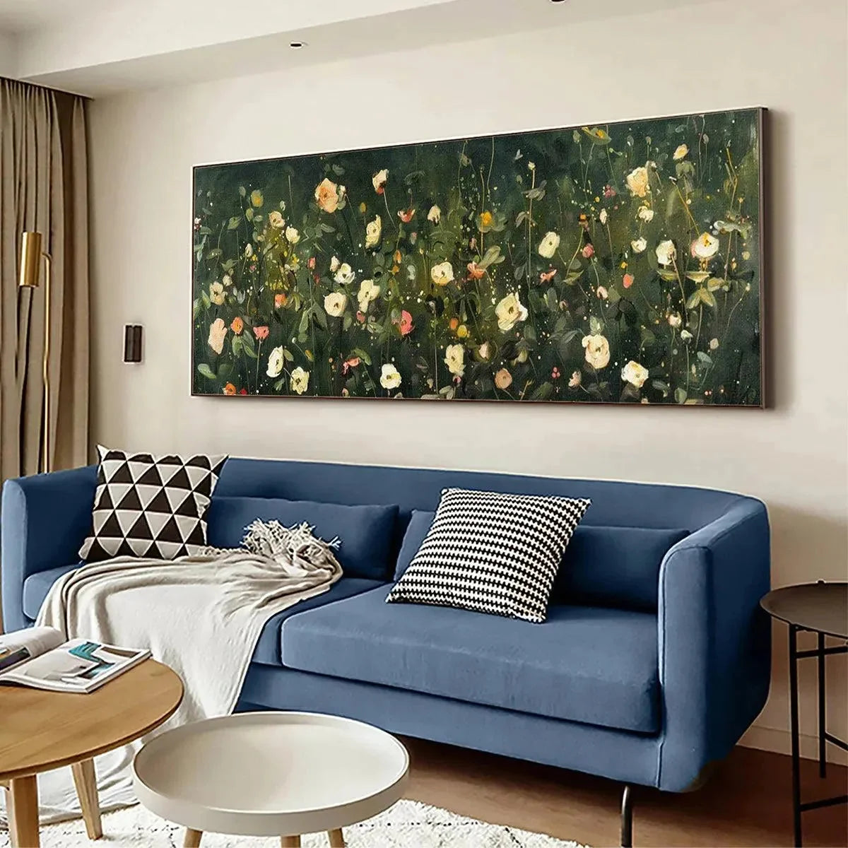 WHISPERING MEADOW PANORAMIC: Wildflower Painting, Panoramic Wall Art, Dark Floral Decor | gold frame stretched on neutral wall