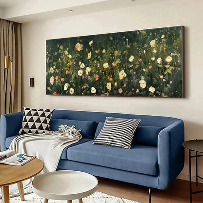 WHISPERING MEADOW PANORAMIC: Wildflower Painting, Panoramic Wall Art, Dark Floral Decor | gold frame stretched on neutral wall