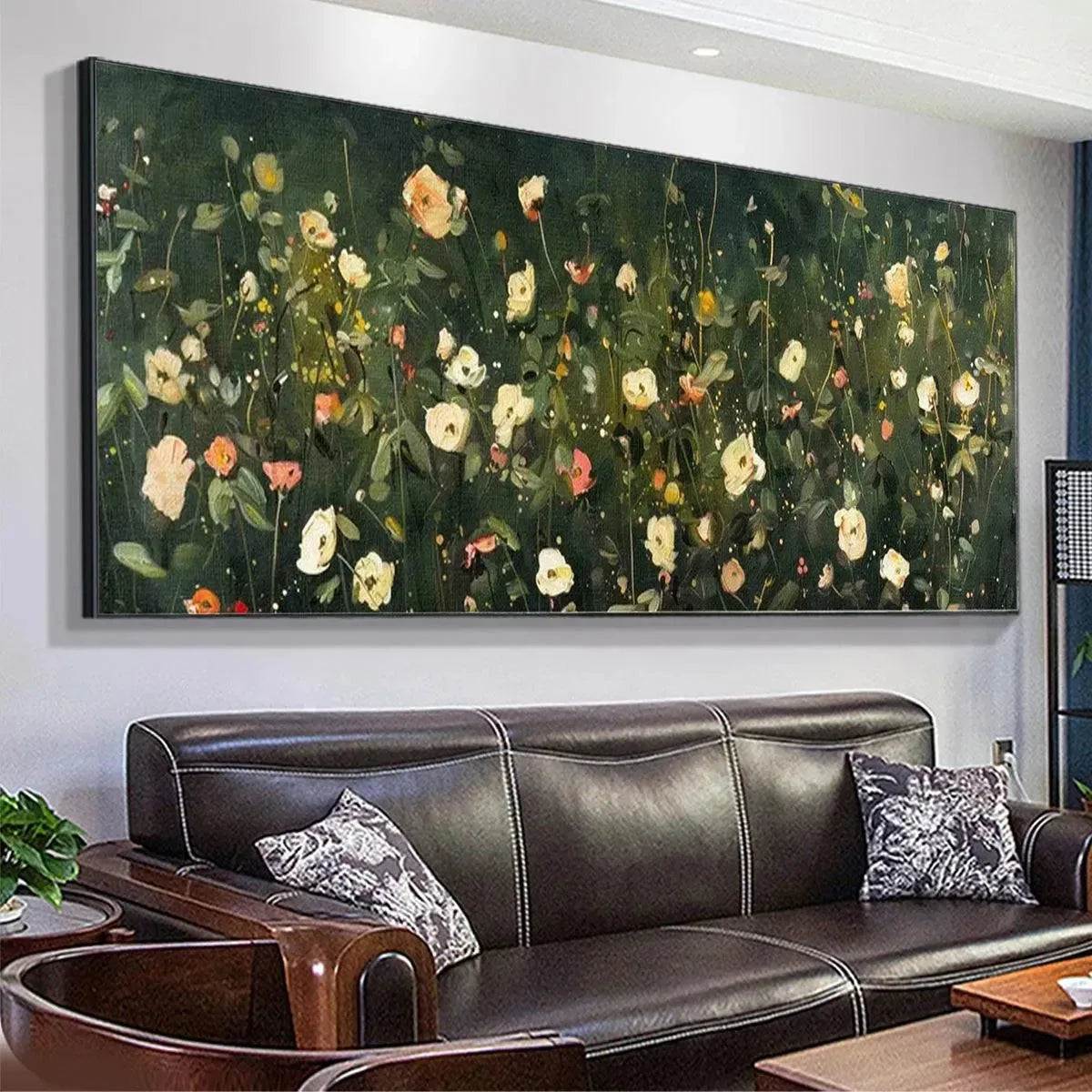 WHISPERING MEADOW PANORAMIC: Wildflower Painting, Panoramic Wall Art, Dark Floral Decor | rolled canvas, ready for custom framing