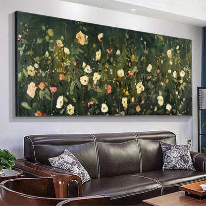 WHISPERING MEADOW PANORAMIC: Wildflower Painting, Panoramic Wall Art, Dark Floral Decor | rolled canvas, ready for custom framing