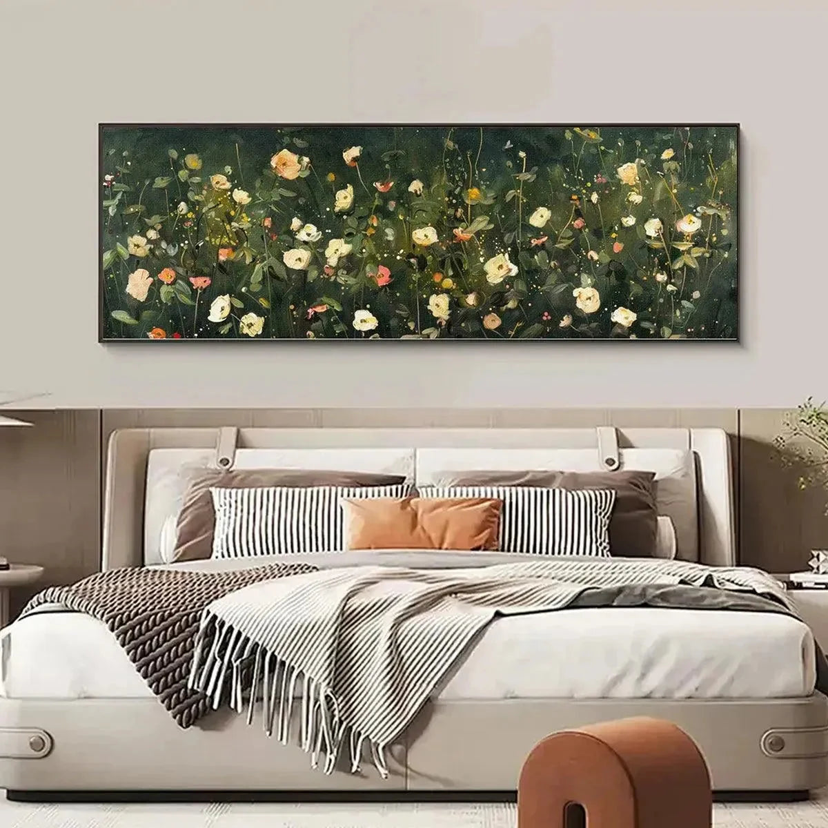 WHISPERING MEADOW PANORAMIC: Wildflower Painting, Panoramic Wall Art, Dark Floral Decor | black frame version on white wall