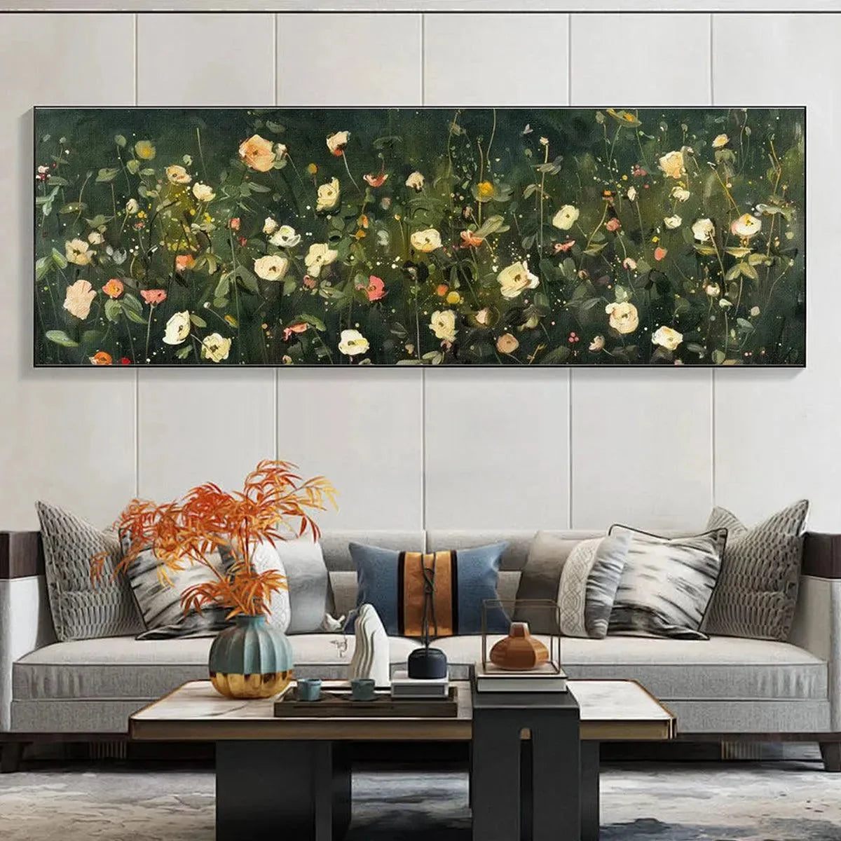 WHISPERING MEADOW PANORAMIC: Wildflower Painting, Panoramic Wall Art, Dark Floral Decor | Abstract mood, soft natural light studio shot