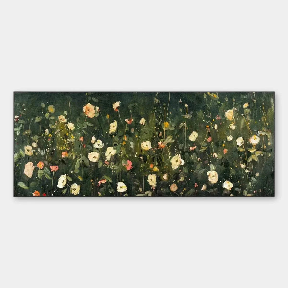 WHISPERING MEADOW PANORAMIC: Wildflower Painting, Panoramic Wall Art, Dark Floral Decor | hanging in living room, Abstract wall art