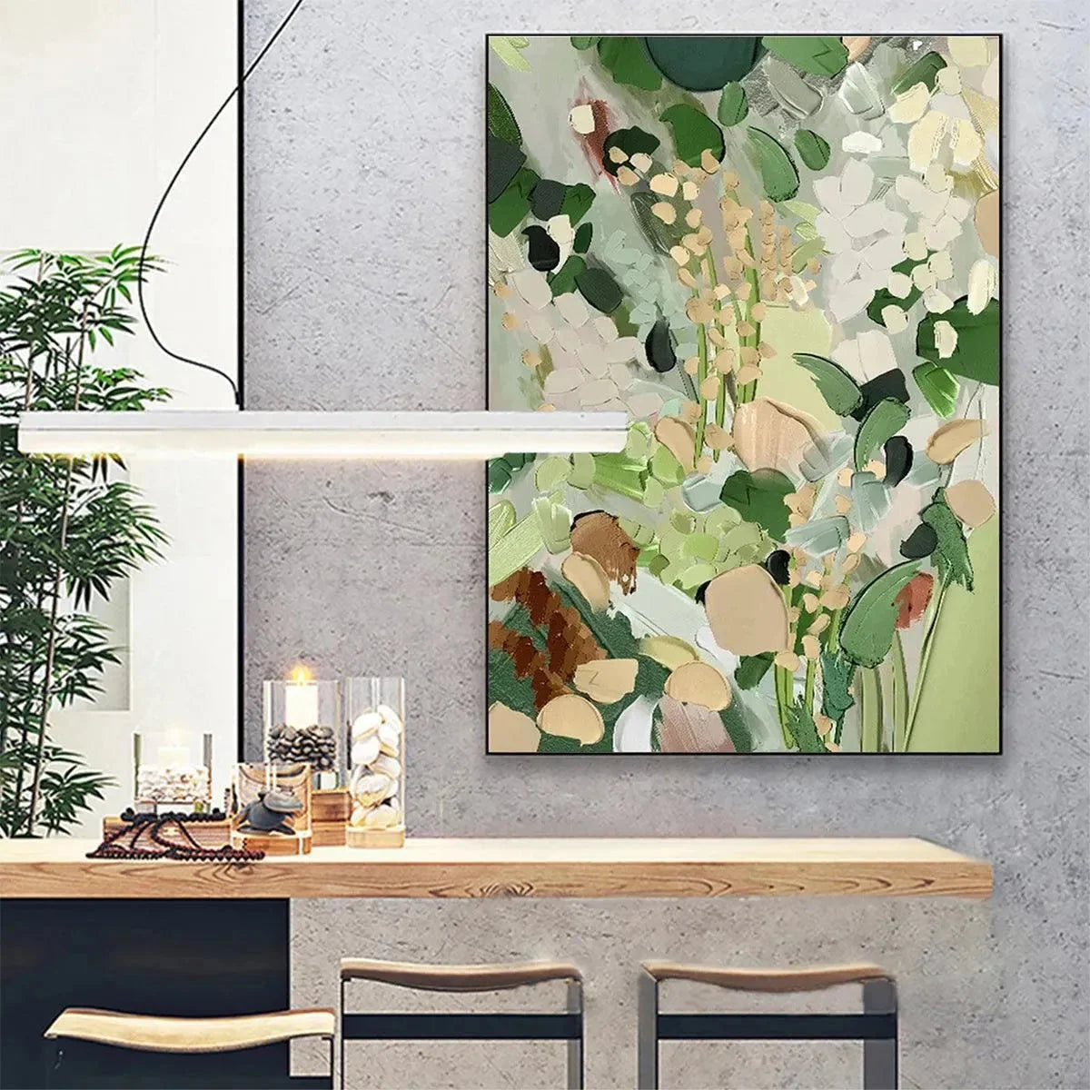 WHISPERING MEADOW: Textured Abstract Floral Painting in Green and Gold | Abstract closeup, raised brushwork detail