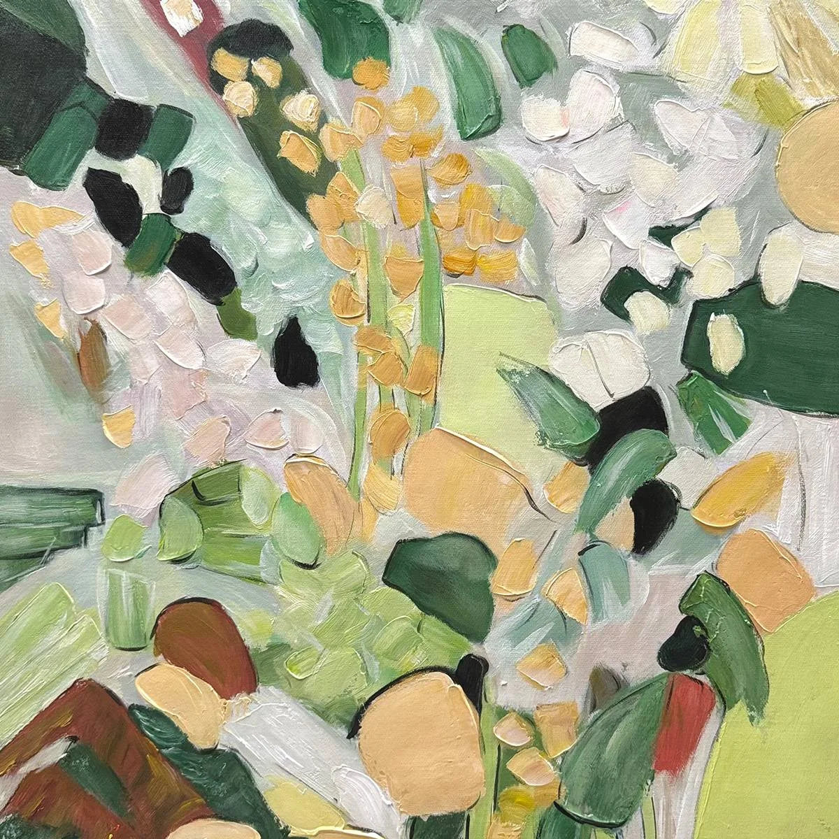 WHISPERING MEADOW: Textured Abstract Floral Painting in Green and Gold | rectangular format, hand-painted canvas edge