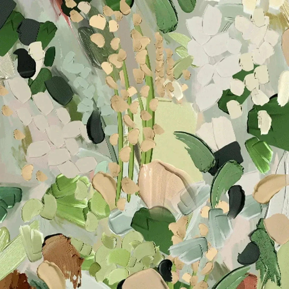WHISPERING MEADOW: Textured Abstract Floral Painting in Green and Gold | gold frame stretched on neutral wall