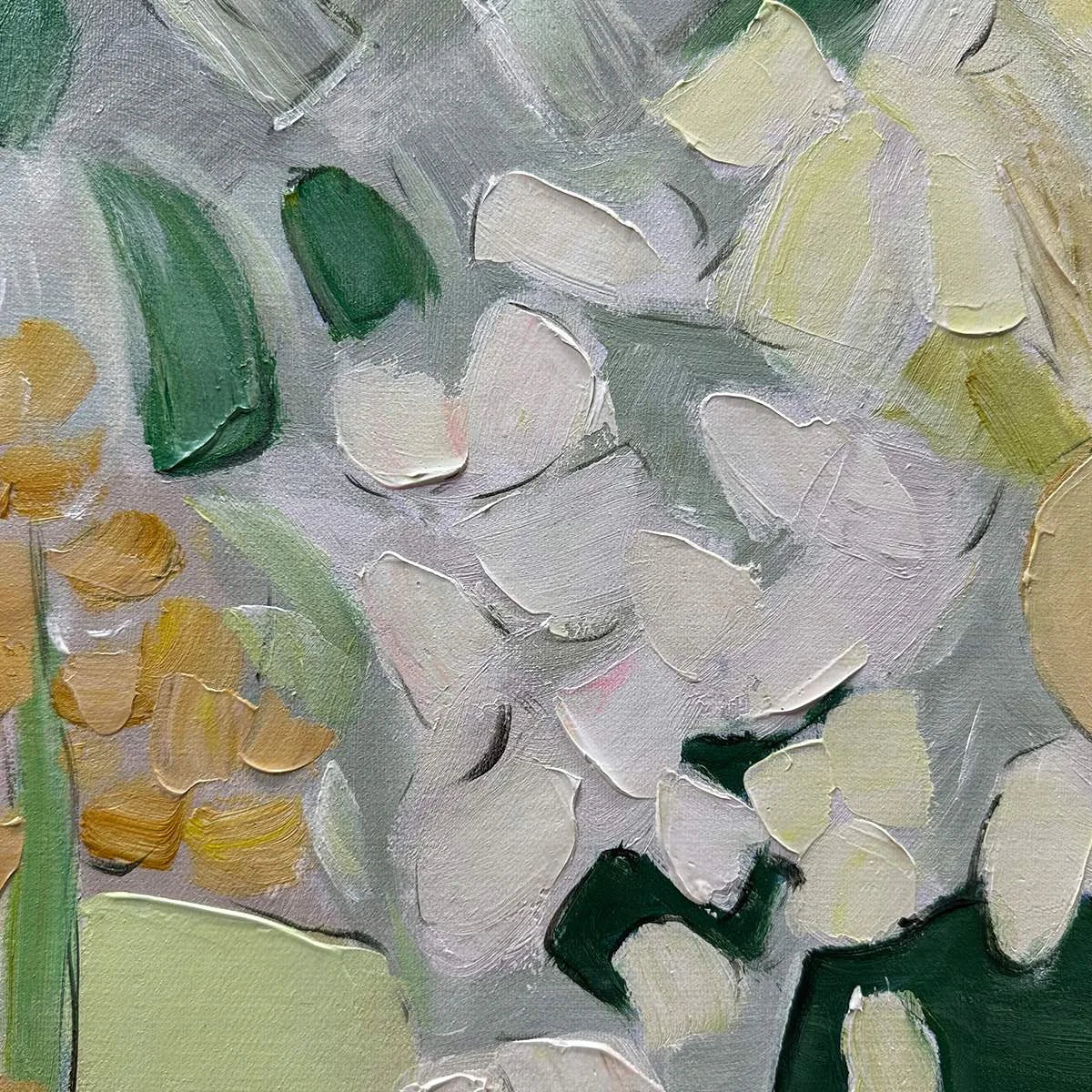 WHISPERING MEADOW: Textured Abstract Floral Painting in Green and Gold | rolled canvas, ready for custom framing