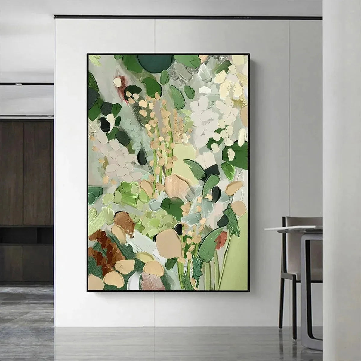 WHISPERING MEADOW: Textured Abstract Floral Painting in Green and Gold | black frame version on white wall